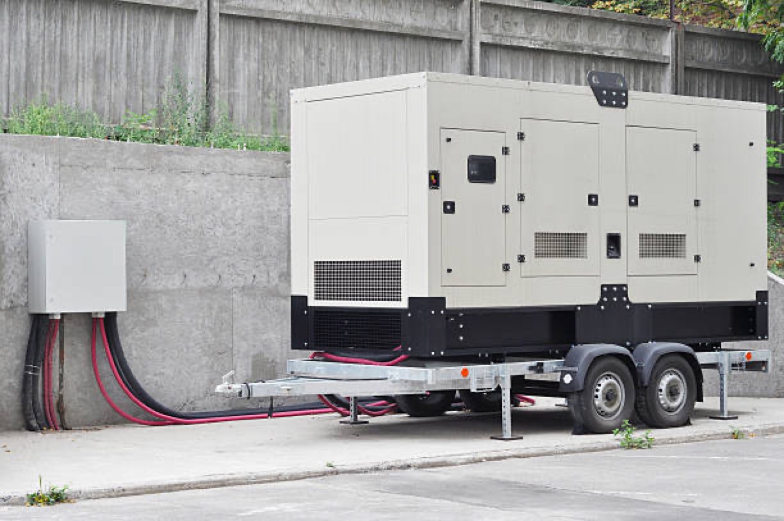 Towable diesel generator connected on a Santa Barbara job site